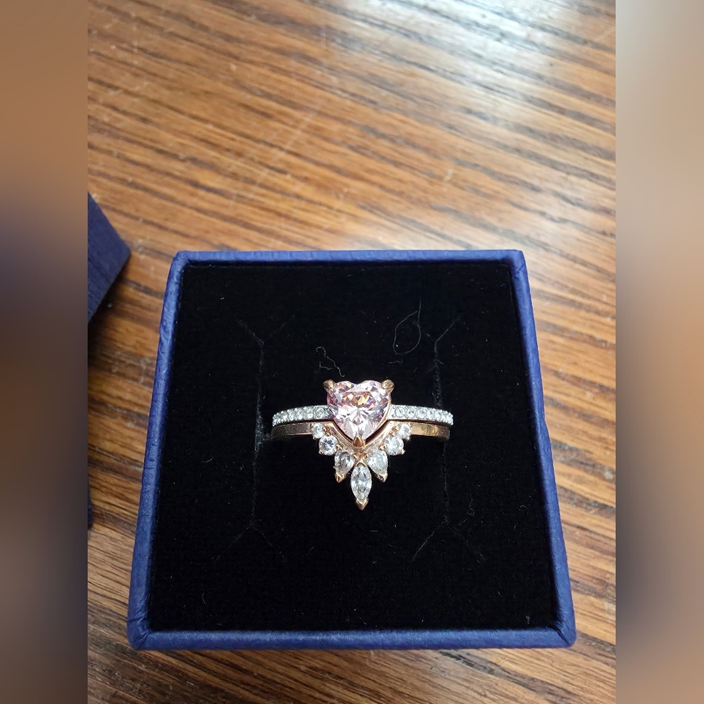 Swarovski Elegant Rose Gold Pink Heart Ring Set  with Silver Accents, Sz 8